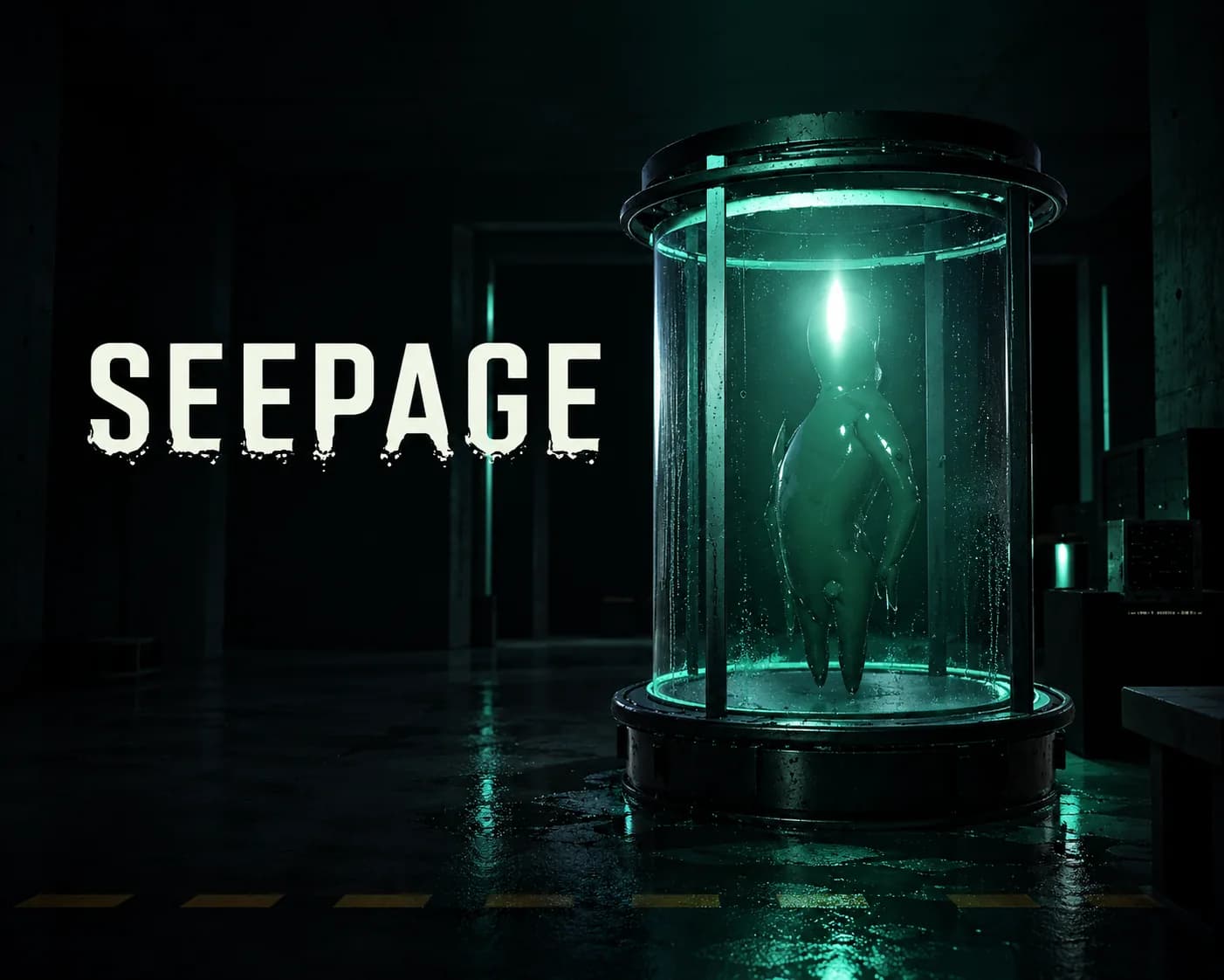 Seepage cover art showing a blue gel test subject inside a glass containment cylinder