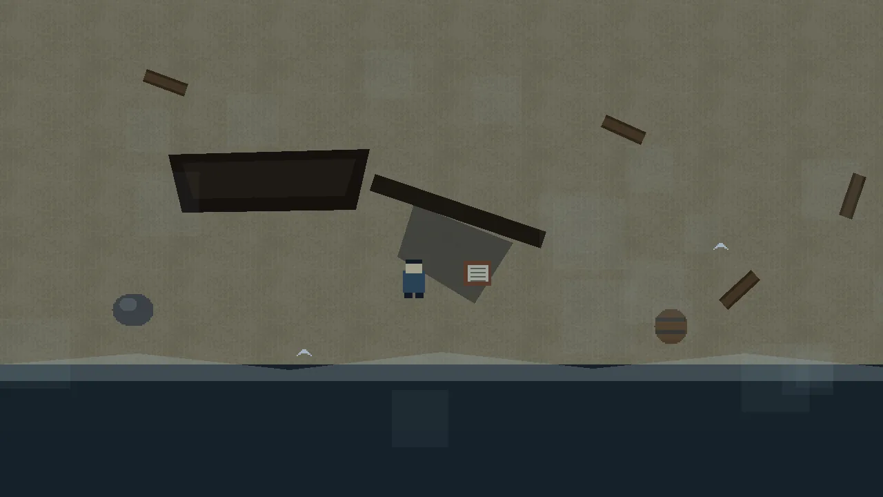 A character standing on a beach littered with wreckage